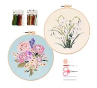 artcici 2 Pack Embroidery Kits Purple Pink Flowers Leaves Patterns for Beginners Adults, Full Range Embroidery Starter Kits Cross Stitch Needlework Supplies (Blue)