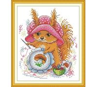 artcici Pre-Printed Cute Pets and Life Themes Cross Stitch Kits for Beginners, 11ct DIY Embroidery Kit with Sorted Threads Stamped Patterns Needlework Supplies (The Squirrel Who Loves to Embroider)