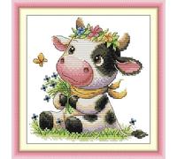 artcici Pre-Printed Cute Pets and Life Themes Cross Stitch Kits for Beginners, 11ct DIY Embroidery Kit with Sorted Threads Stamped Patterns Needlework Supplies (Cute Little Cow)