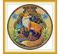 artcici Pre-Printed Golden Fox Geometric Floral Circular Decor Cross Stitch Kits for Beginners, 11ct DIY Embroidery Kit with Sorted Threads Stamped Patterns Needlework Supplies (Amber)