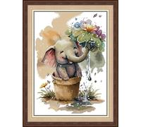 artcici Pre-Printed Mischievous Elephant Cross Stitch Kits for Beginners, 11ct DIY Embroidery Kit with Sorted Threads Stamped Patterns Needlework Supplies (44cmx60cm)