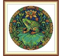 artcici Pre-Printed Tree Frog Water Lily Tropical Plant Circular Decor Cross Stitch Kits for Beginners, 11ct DIY Embroidery Kit with Sorted Threads Stamped Patterns Needlework Supplies (Verdigris)
