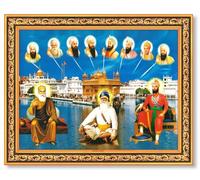 Artcoin Golden Temple and 10 Sikh Gurus & Baba Deep Singh ji | HD Printed Religious & Décor Picture Frame for Home, Office, Gurudwara, Golden. (Small Size- 7.5 x 9.5 Inch)