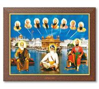 Artcoin Golden Temple and 10 Sikh Gurus & Baba Deep Singh ji | HD Printed Religious & Décor Picture Frame for Home, Office, Gurudwara, Brown. (Small Size- 7.5 x 9.5 Inch)