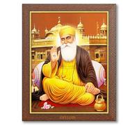 Artcoin Guru Nanak Dev Ji Blessing Photo Frame and Golden Temple| HD Printed Religious & Decor Picture with Frame for Home, Office. & Gurdwara, Brown. (Large Size- 10 x 13 Inch)