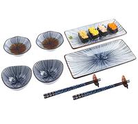 Artcome 10 Pcs Japanese Style Ceramic Sushi Plate Dinnerware Set for Wedding Housewarming - 2 Sushi Plates, 2 Sauce Dishes, 2 Snack Bowl, 2 Pairs of Chopsticks, 2 Chopsticks Holders, Blue