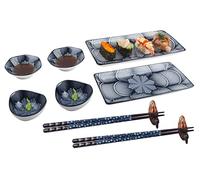 Artcome 10 Pcs Japanese Style Ceramic Sushi Plate Dinnerware Set for Wedding Housewarming - 2 Sushi Plates, 2 Sauce Dishes, 2 Snack Bowl, 2 Pairs of Chopsticks, 2 Chopsticks Holders, Dark Blue