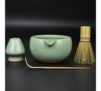 Artcome 4 Pcs Complete Matcha Ceremony Kit - Japanese Bowl With Pouring Spout, Whisk, Holder, Scoop - Tea Set for Making Usucha, Koicha and Latte (Green)