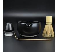 Artcome 4 Pcs Complete Matcha Tea Ceremony Kit for Japanese Tea Ceremony, Bowl with Pouring Spout, Whisk, Whisk Holder, Tea Scoop, Matcha Tea Set for Making Usucha, Koicha and Matcha Latte (Black)