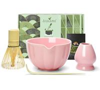 Artcome 4 Pcs Japanese Matcha Tea Set - Matcha Bowl with Pouring Spout, Matcha Whisk, Tea Scoop, Whisk Holder, Handmade Matcha Ceremony Kit for Japanese Tea Ceremony, Rose