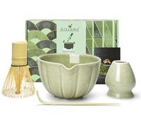Artcome 4 Pcs Japanese Matcha Tea Set - Matcha Bowl with Pouring Spout, Matcha Whisk, Tea Scoop, Whisk Holder, Handmade Matcha Ceremony Kit for Japanese Tea Ceremony, Mottled Green