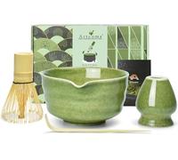 Artcome 4-Piece Matcha Tea Set - Complete Japanese Ceremony Kit with Bowl, Whisk, Whisk Holder, Scoop & Guide, Mottled Green