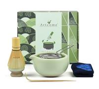 Artcome 7 Pcs Complete Matcha Tea Ceremony Kit - Bowl, Whisk, Scoop, Strainer, Set for Usucha, Koicha, Latte (Green)