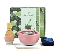 Artcome 7 Pcs Complete Matcha Tea Ceremony Kit - Bowl, Whisk, Scoop, Strainer, Set for Usucha, Koicha, Latte (Pink)