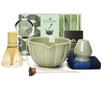Artcome 7 Pcs Japanese Matcha Tea Set - Matcha Bowl with Pouring Spout, Matcha Whisk, Tea Scoop, Whisk Holder, Handmade Matcha Ceremony Kit for Japanese Tea Ceremony, Mottled Green