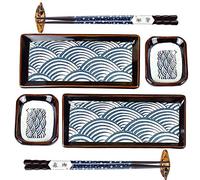 Artcome 8 Piece Japanese Style Ceramic Sushi Plate Dinnerware Set for Wedding Housewarming - 2 Sushi Plates, 2 Sauce Dishes, 2 Pairs of Chopsticks, 2 Chopsticks Holders
