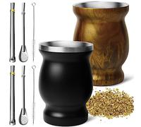Artcome 8pc Stainless Steel Yerba Mate Cup Set - 2 8.5oz Double-Wall Cups (Black & Wood), 4 Bombillas, 2 Brushes, Easy to Clean, Solid & Durable