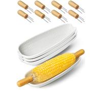 Artcome Ceramic Corn Dishes Set with 8 Wooden Corn Cob Holders - 4-Pack Corn Plates with Embossed Corn Design, Durable & Dishwasher Safe Dish Set for BBQ, Picnics, and Family Meals
