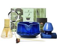 Artcome Matcha Tool Set - Complete Kit with Matcha Bowl with Spout, Bamboo Whisk, Tea Scoop, Whisk Holder, Scoop Holder, Tea Cloth & Powder Strainer, Glaze Blue