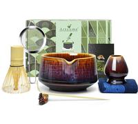 Artcome Matcha Tool Set - Complete Kit with Matcha Bowl with Spout, Bamboo Whisk, Tea Scoop, Whisk Holder, Scoop Holder, Tea Cloth & Powder Strainer, Red-Blue Glaze