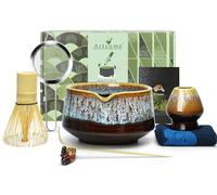 Artcome Matcha Tool Set - Complete Kit with Matcha Bowl with Spout, Bamboo Whisk, Tea Scoop, Whisk Holder, Scoop Holder, Tea Cloth & Powder Strainer, Golden Glaz
