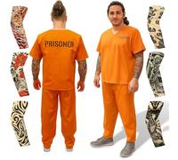 ArtCreativity Orange Prisoner Costume with 6 Outlaw Sleeve Tattoos for Men - Size Medium - Adults Jailbird Inmate Criminal Short-Sleeve Shirt and Pants for Halloween, Role Play, Theme Parties