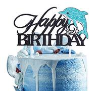 Artczlay Happy Birthday Cake Topper Blue Black Glitter Dolphin Marine Theme Boy Girl Child Birthday Party Cake Decoration 6.3in×4in×0.5in