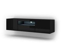 Arte Aura Modern Tv Cabinet 150Cm In Black Gloss With Blue Led Lighting - W1500mm X H36-420mm X D370mm