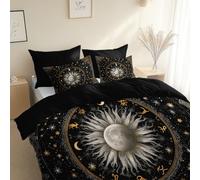 Arte Celestial Sol Estrellas Microfibra cepillada para cama, Cama 135/150-220 x 240 cm, Funda Nórdica de Negro, Frescas, Antiacaros, Hipoalergenica, para niños y adultos