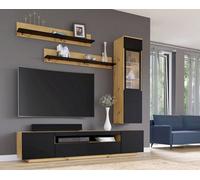 Arte Chic Aura D Wall Entertainment Unit - Living Room Set In Black Matt And Oak Artisan (H1500mm W2000mm D370mm)