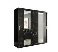 Arte Elegant Black Geneva Sliding Door Wardrobe W2000mm H2000mm D620mm - Mirrored Doors, Gold Handles, Large Storage
