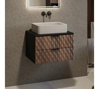 Arte Enzo Floating Vanity Unit 63Cm Black & Oak Catania, Wall-Mounted Bathroom Storage With 2 Drawers & Black Metal Handles