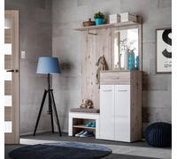Arte Gustavo Ii Hallway Set In Oak Wellington & White Gloss - Complete Entryway Bench, Cabinet, Mirror & Hanger Station