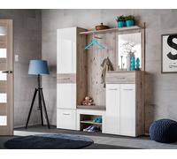Arte Gustavo Iii Hallway Set In Oak Wellington & White Gloss - Flexible Entryway System With Tall Storage, Bench & Mirror