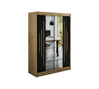 Arte Leto Y1 Contemporary Mirrored 2 Sliding Door Wardrobe 5 Shelves 2 Rails Black Matt And Oak Effect (H)2000mm (W)1500mm (D)620mm
