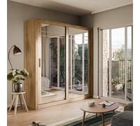 Arte Lux Viii - Elegant Two Mirrored Sliding Door Wardrobe (H2150mm W2030mm D610mm) With Shelves - Oak Shetland
