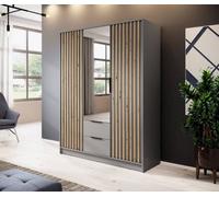 Arte Nelly Contemporary Mirrored Hinged 3 Door Wardrobe Grey 2 Drawers 8 Shelves 1 Rail Lamela Decor (H)2000mm (W)1550mm (D)510mm
