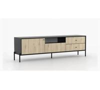 Arte Ravi Tv Cabinet - Black Frame & Oak Artisan Front W200 X H58 X D40 Cm - Sleek Media Storage With Drawer & Open Niche
