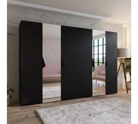 Arte Sandi Ii Hinged Door Wardrobe 300Cm - Black Modern Mirrored Wardrobe With Multiple Rails And Shelves