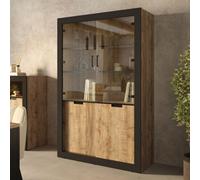 Arte Tudor 12 Tall Display Cabinet In Oak Sandal & Black - Mirrored Hinged Doors, Sliding Access, And Eight Spacious Shelves
