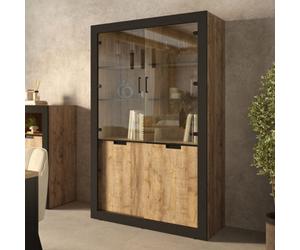 Arte Tudor 12 Tall Display Cabinet In Oak Sandal & Black - Mirrored Hinged Doors, Sliding Access, And Eight Spacious Shelves