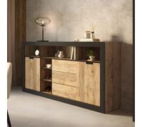 Arte Tudor Sideboard Cabinet 220Cm - Oak Sandal & Black Wide Sideboard With Sliding Doors, Drawers, And Shelves For Modern Storage