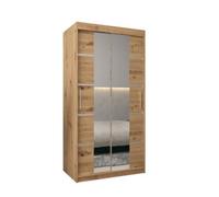 Arte Verona 04 Contemporary 2 Mirrored Sliding Door Wardrobe 5 Shelves 2 Rails Oak Artisan Effect (H)2000mm (W)1000mm (D)620mm