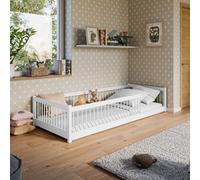 Arte White Wooden Pedro Eu Single Bed 90X200Cm - Low-Profile Montessori Bed With Protective Spindle Sides