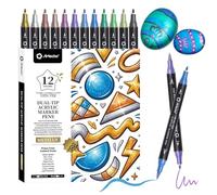 Artecho Acrylic Paint Markers 12 Metallic Colors, for Stone, Rock Painting, Paper, Pumpkin, Wood, Egg, Canvas, Ceramic, Fabric, leather, Glass, DIY Crafts