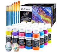 Artecho Metallic Acrylic Paints Set 20 Colors 2 Ounce/59ml with 10 Art Brushs, Non Toxic, Acrylic Paint Kit for Canvas, Crafts, Glass, Clay, Wood, Fabric, Leather&Rock