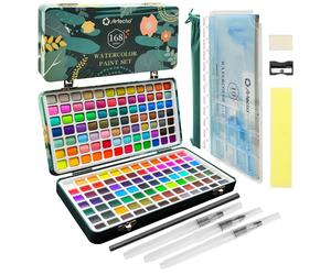 Artecho Watercolour Paint Set 168 Colors in Portable Box Including, Travel Watercolor Set with Watercolor Papers, Brushes and other Tools, Idea for