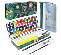 Artecho Watercolour Paint Set, 50 Vibrant Colours in Portable Tin, Including Water Brush Pen, Nylon Brush, Eraser, Pencil, Pencil Sharpener, Watercolour Paper, Sponge