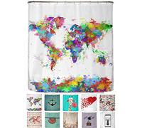 arteneur® - World Map - Shower Curtain 180 x 200cm - Mould Resistant Fabric, Weighted Hem, Opaque, Waterproof, Washable incl. 12 hooks