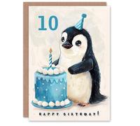 Artery8 10th Birthday Card Cute Baby Penguin Cake Cartoon Kids Age 10 Year Old Child For Son Daughter Girl Boy Happy Card